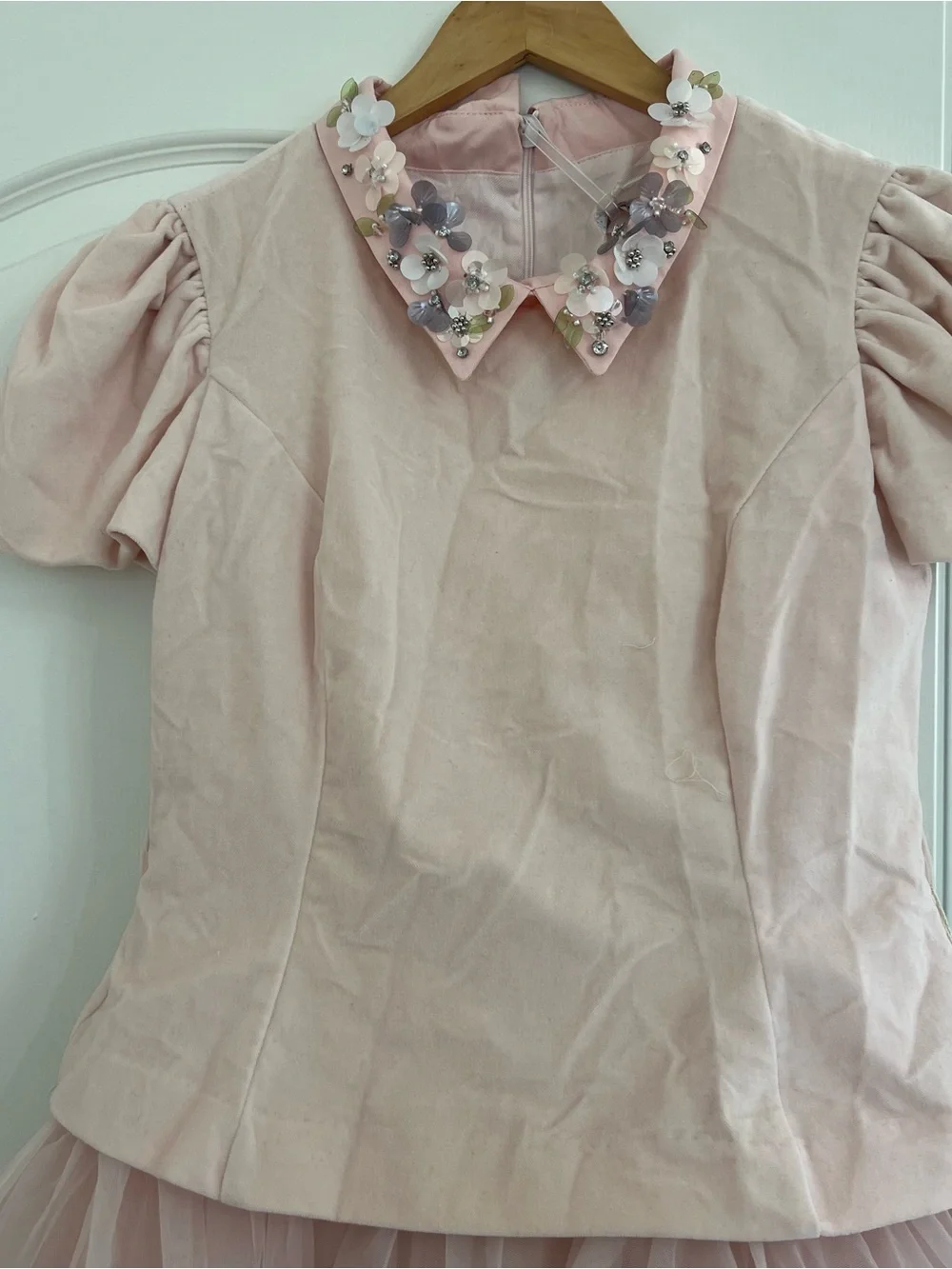 MonnaLisa Blush Pink Floral-Appliqué Collar Tulle Dress